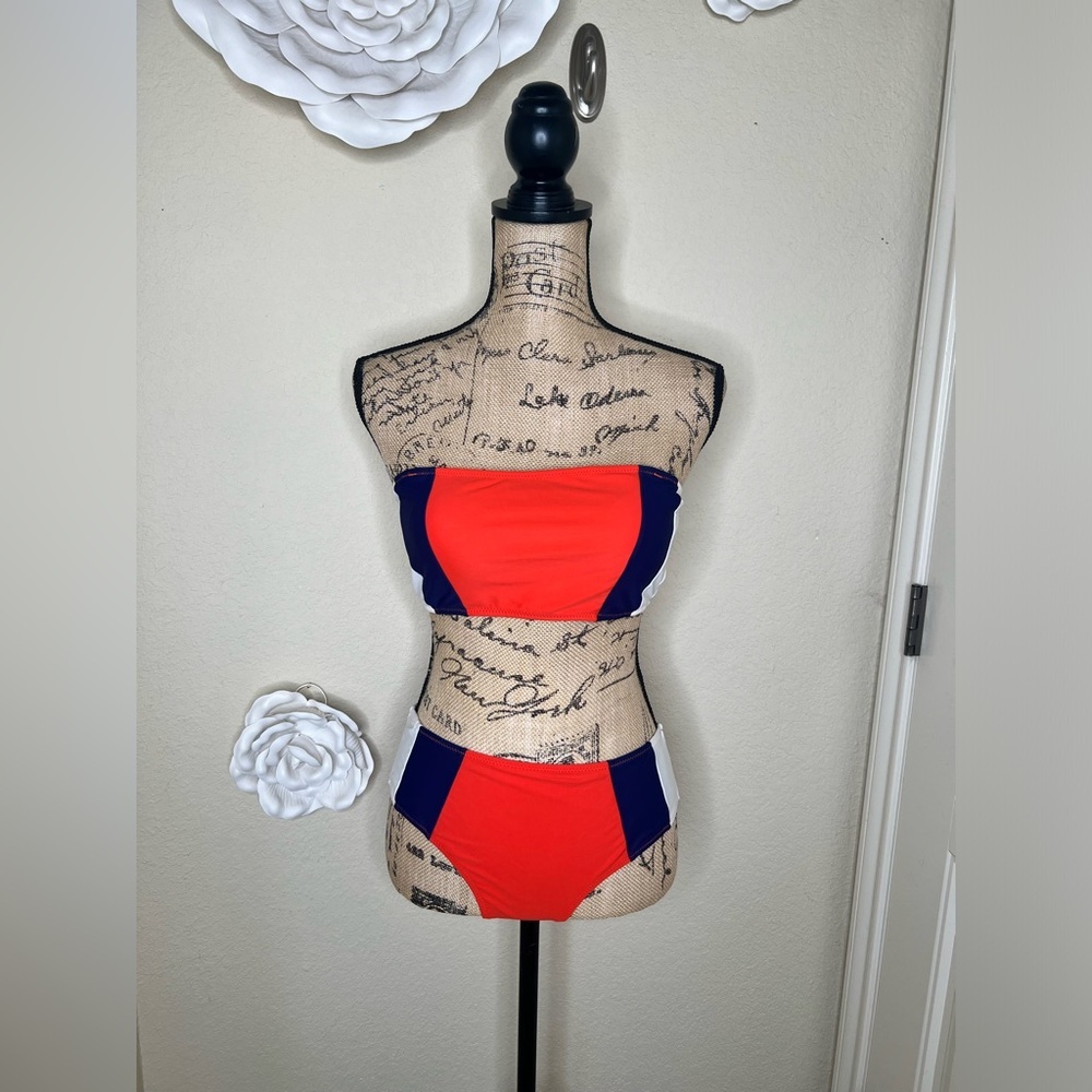 Cupshe Colorblock Bikini Set Orange Blue White Mid Rise Swim Size M - Picture 14 of 16